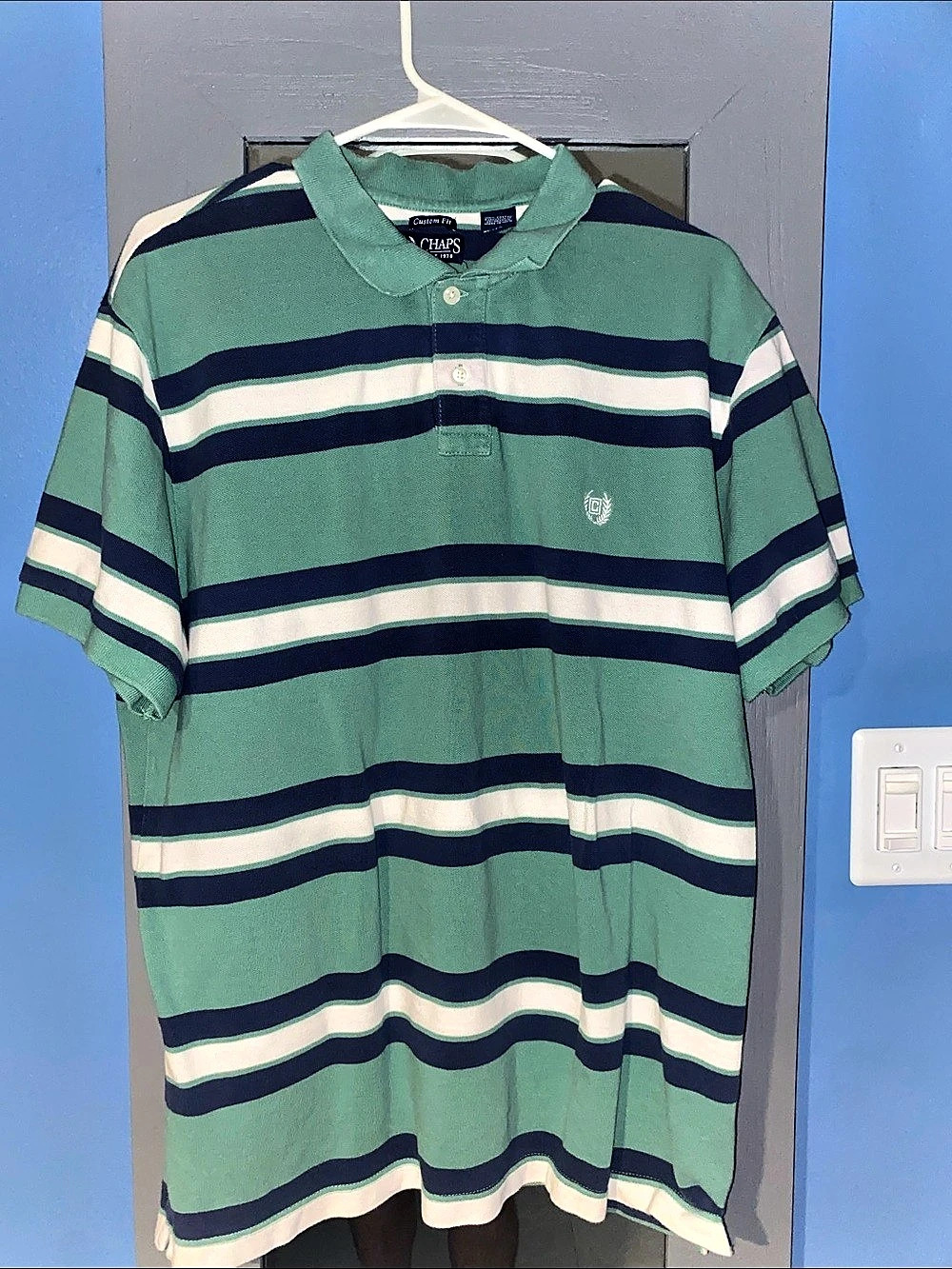 Vintage Chaps Custom Fit XL Striped Polo Shirt (Green W/ White & Blue Stripes